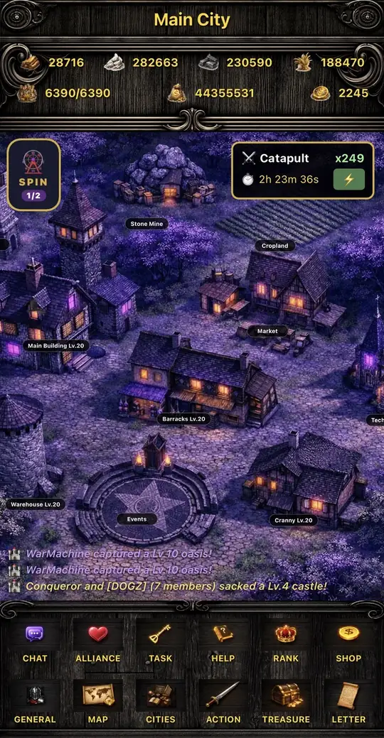 Prestige: Kingdom War city screen with the Main Building, Barracks, Warehouse and Cranny at level 20 and a resource bar along the top